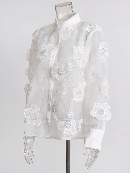 Organza Shirt 3D Floral Sequin Detail