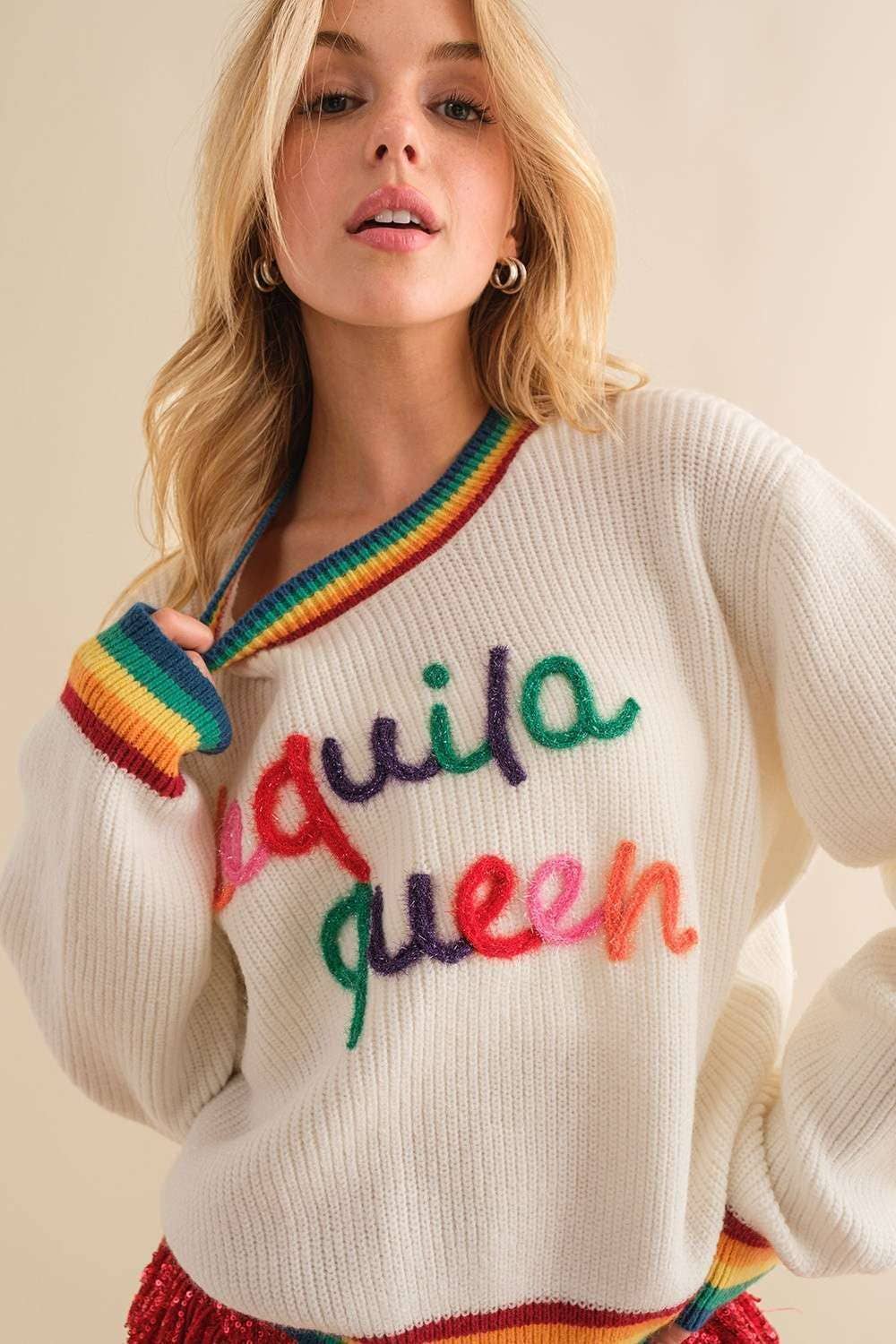 Tequila Queen Sparkle letter Rainbow rib Sweater