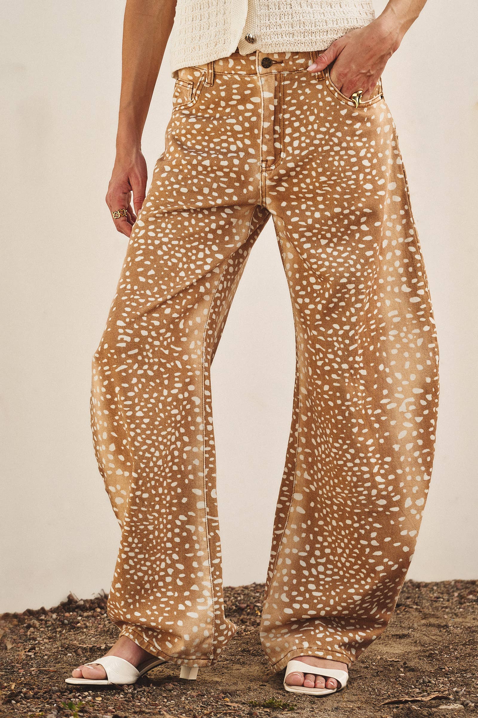 Bambi Deer Print Wide Leg Denim Pants