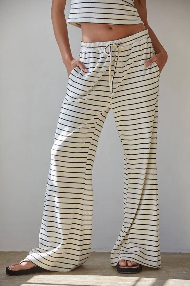 L8907B | Knit Striped Waist Elastic Band Tie Flare Pants