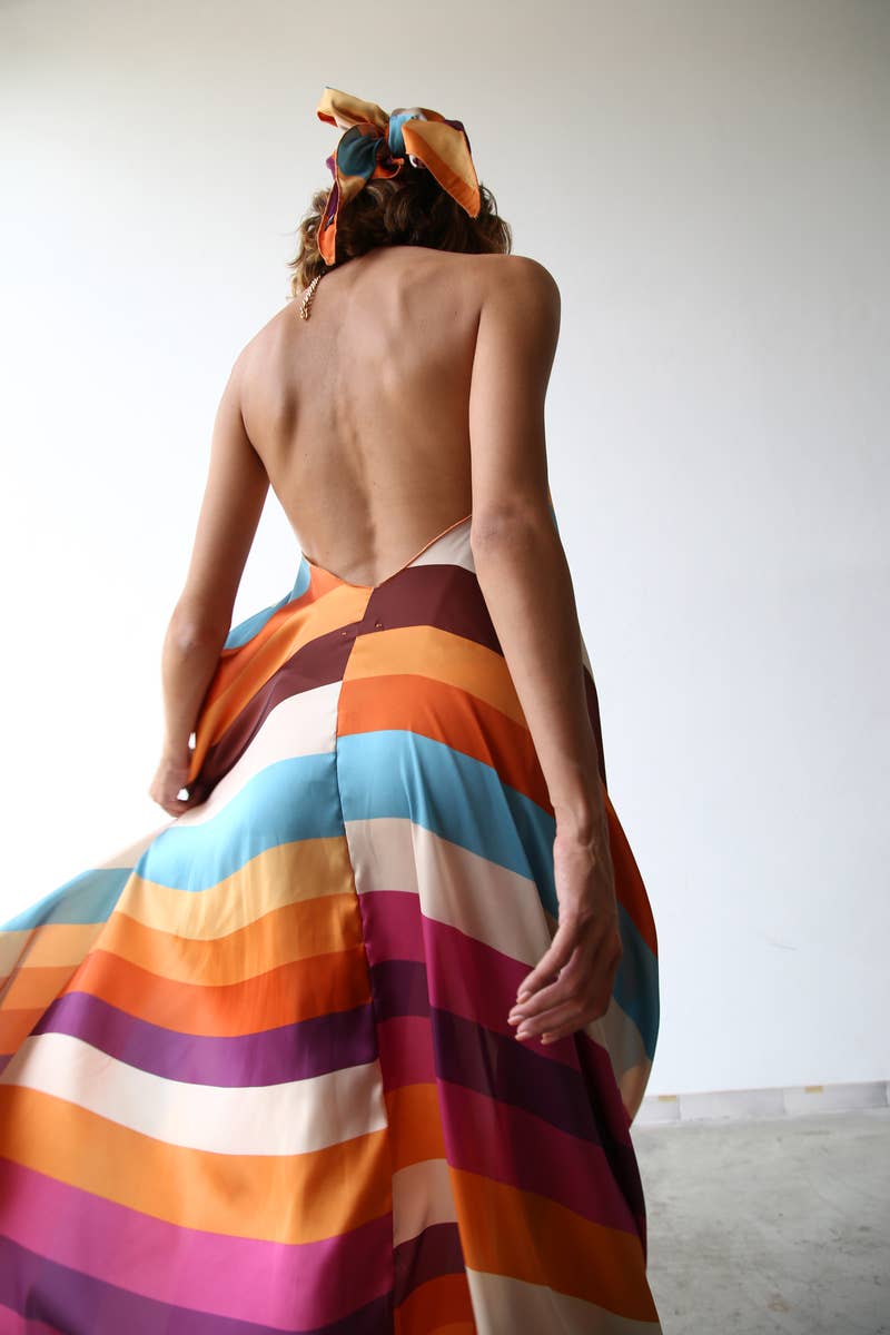 LONG DRESS WITH MULTICOLOR STRIPED CHAIN