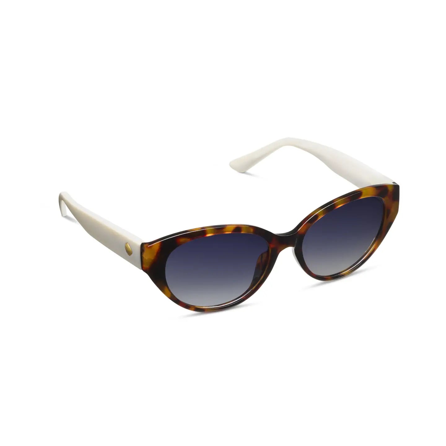 Sunglasses with tortoiseshell frame and white arms on a white background