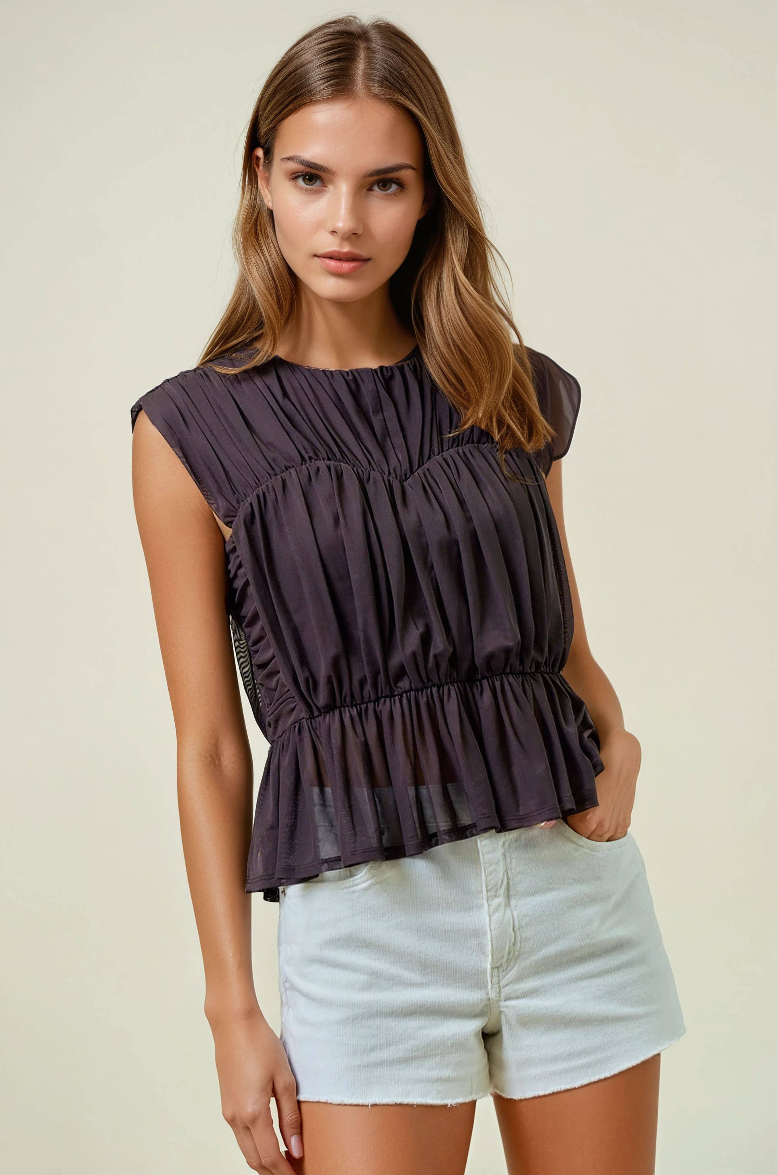 SEMI SHEER SHIRRED PEPLUM KNIT TOP