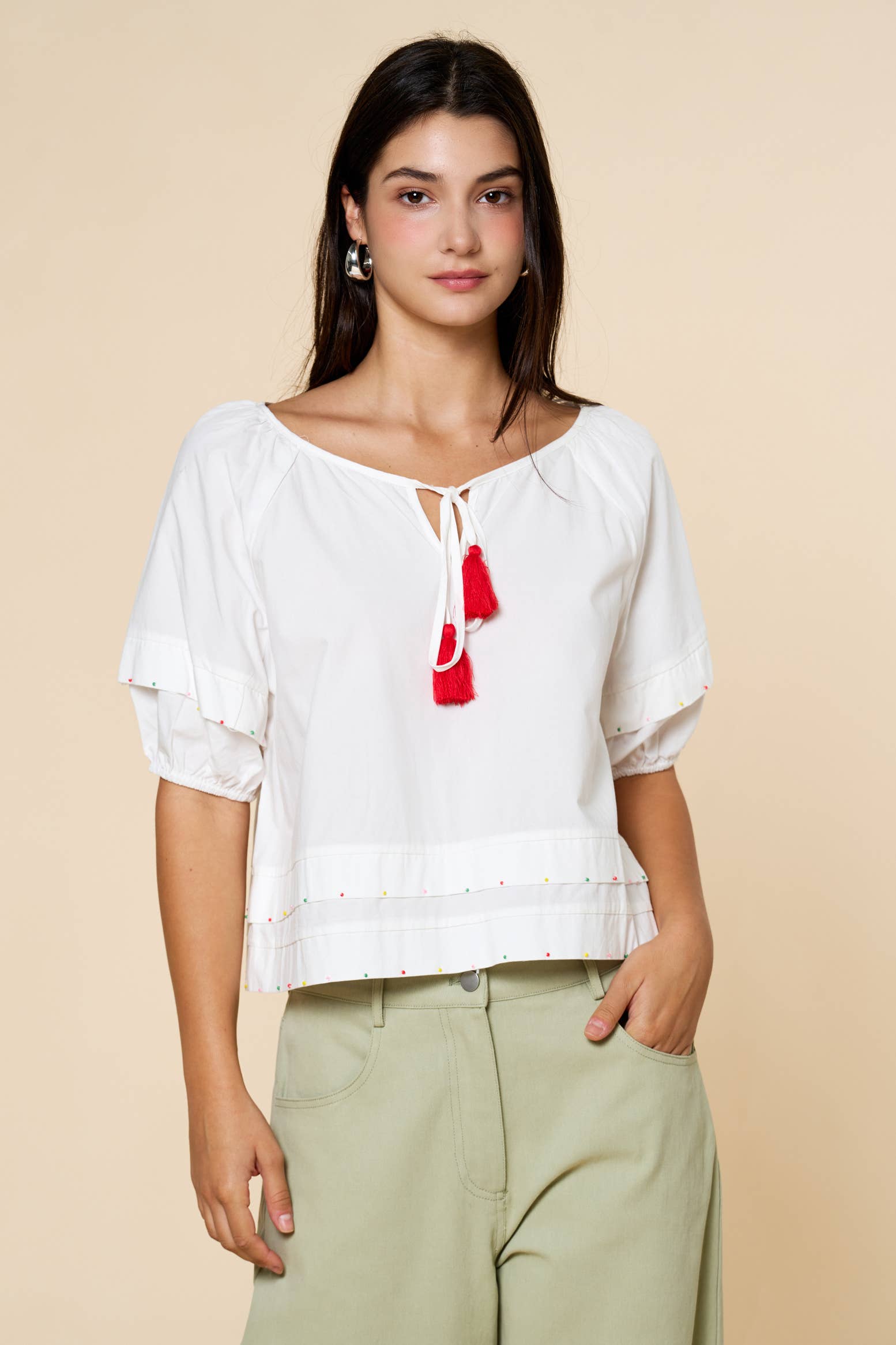 White Tassel Tie Blouse