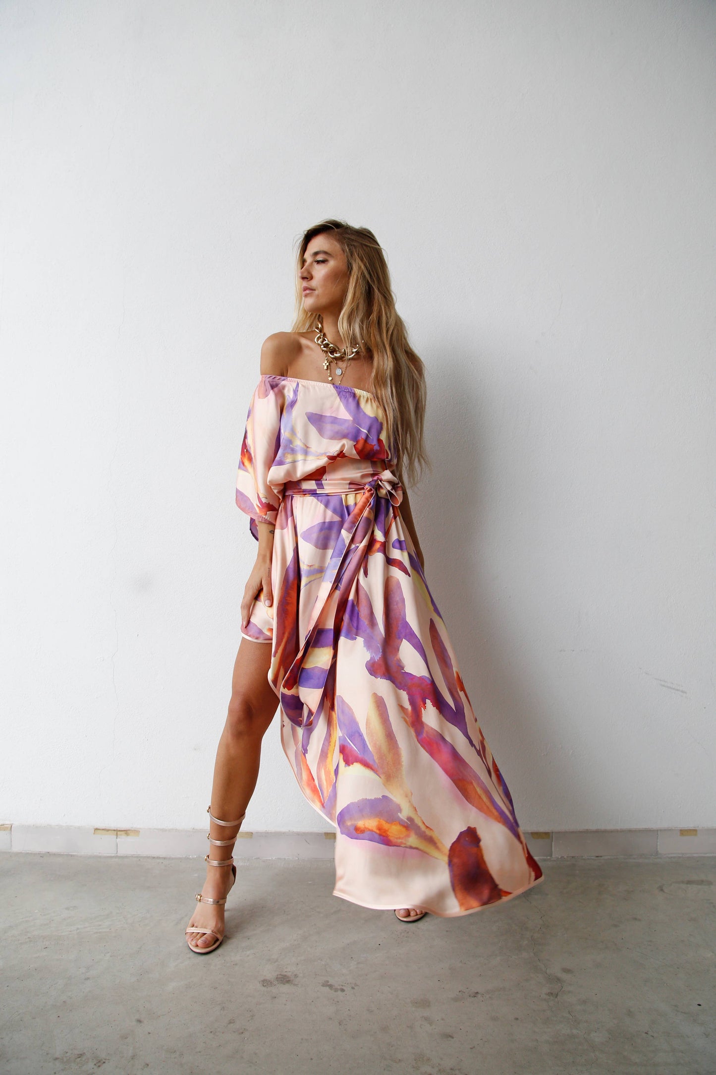 ASYMMETRIC ONE-SHOULDER DRESS WITH PURPLE LEAVES WITH BELT