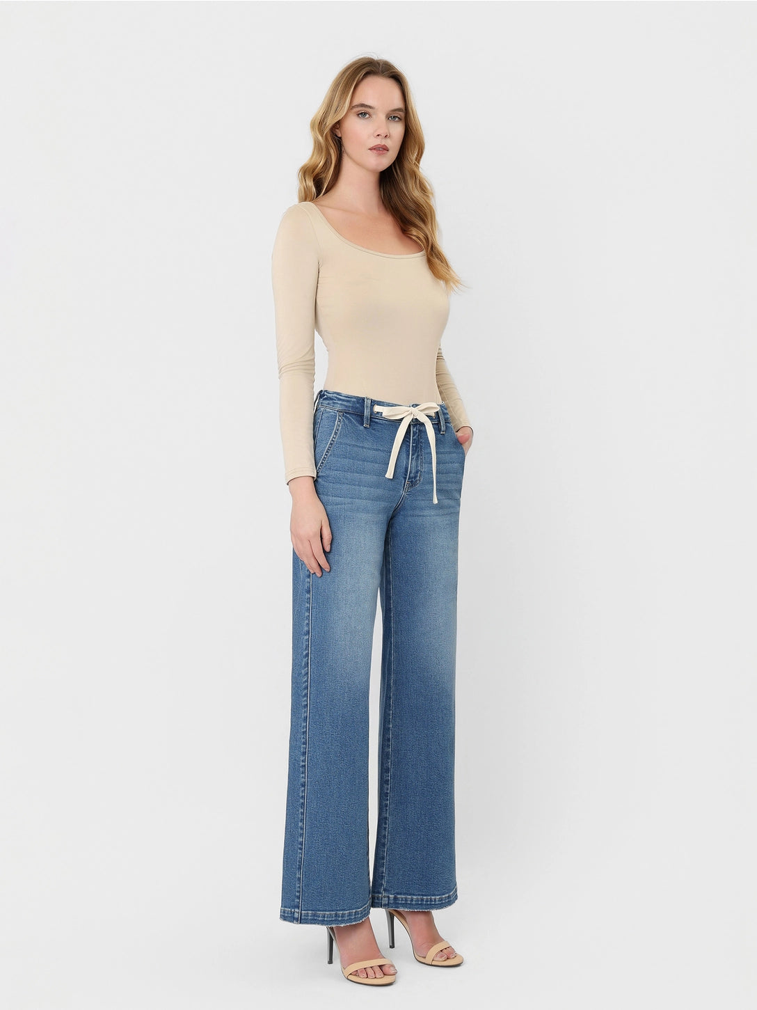 Vervet |High Rise Waist Tie Twist Wide Jeans