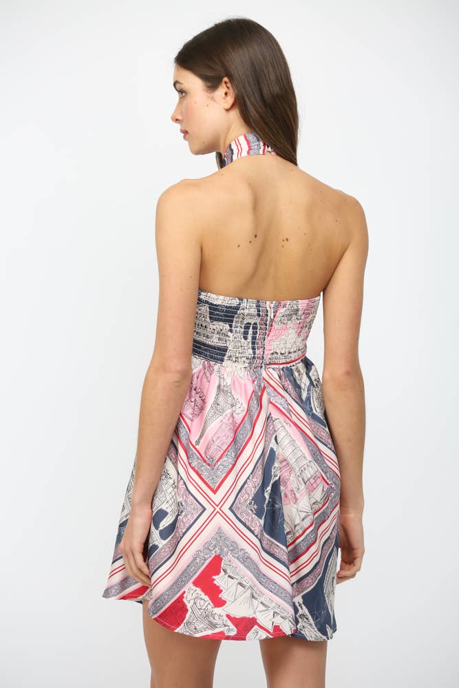 BORDERED DESTINATION PRINT HALTER DRESS