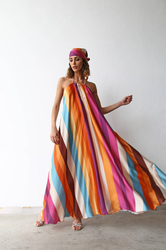 LONG DRESS WITH MULTICOLOR STRIPED CHAIN