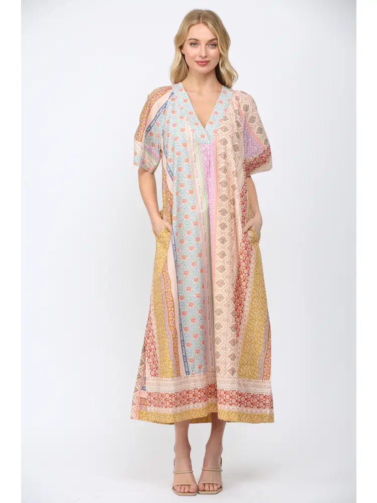 Patchwork Print Deep V-Neckline Kaftan