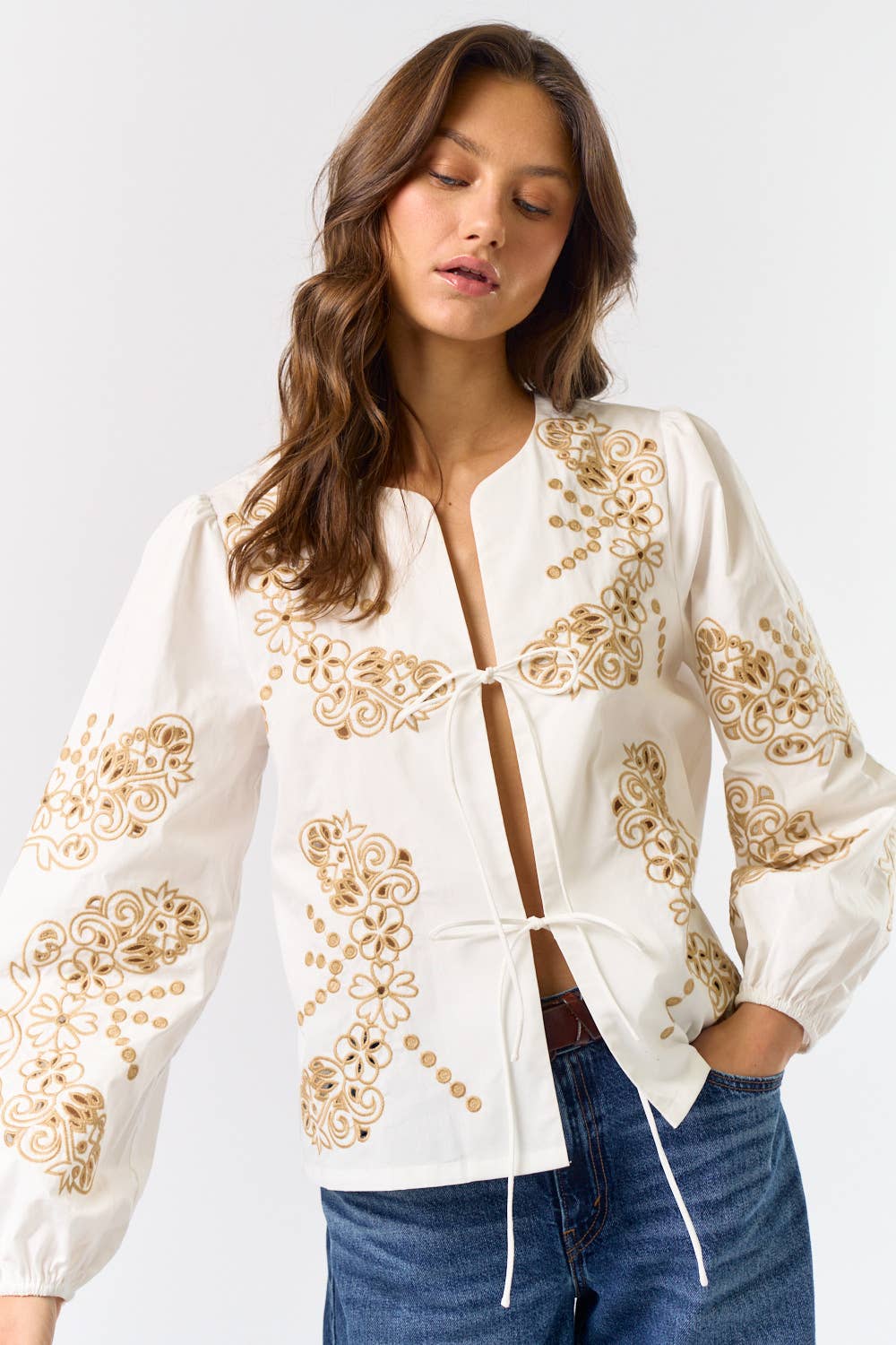 Floral Embroidered Front Tie Top