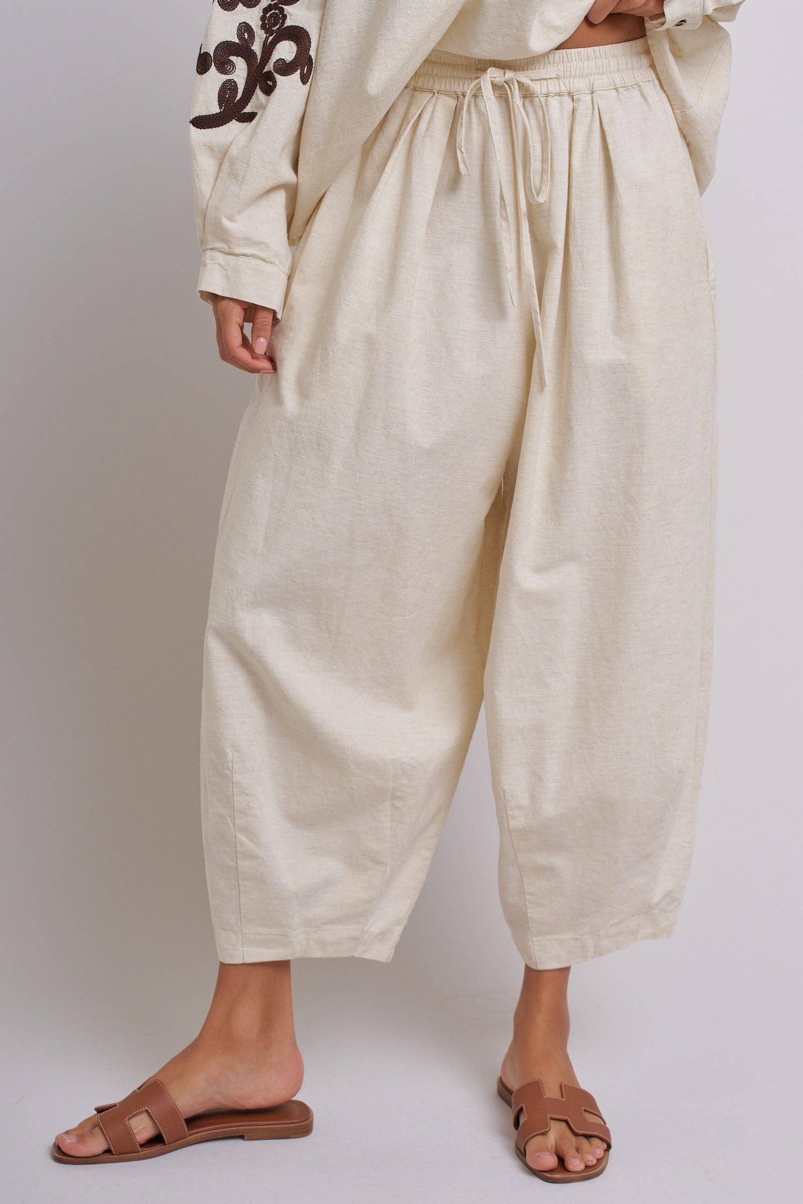 Linen Drawstring Cocoon Pants with Elastic Waist