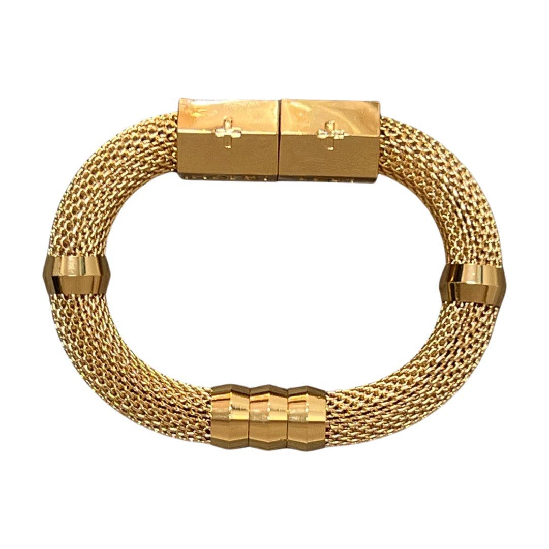 Gold bracelet with a mesh design on a white background