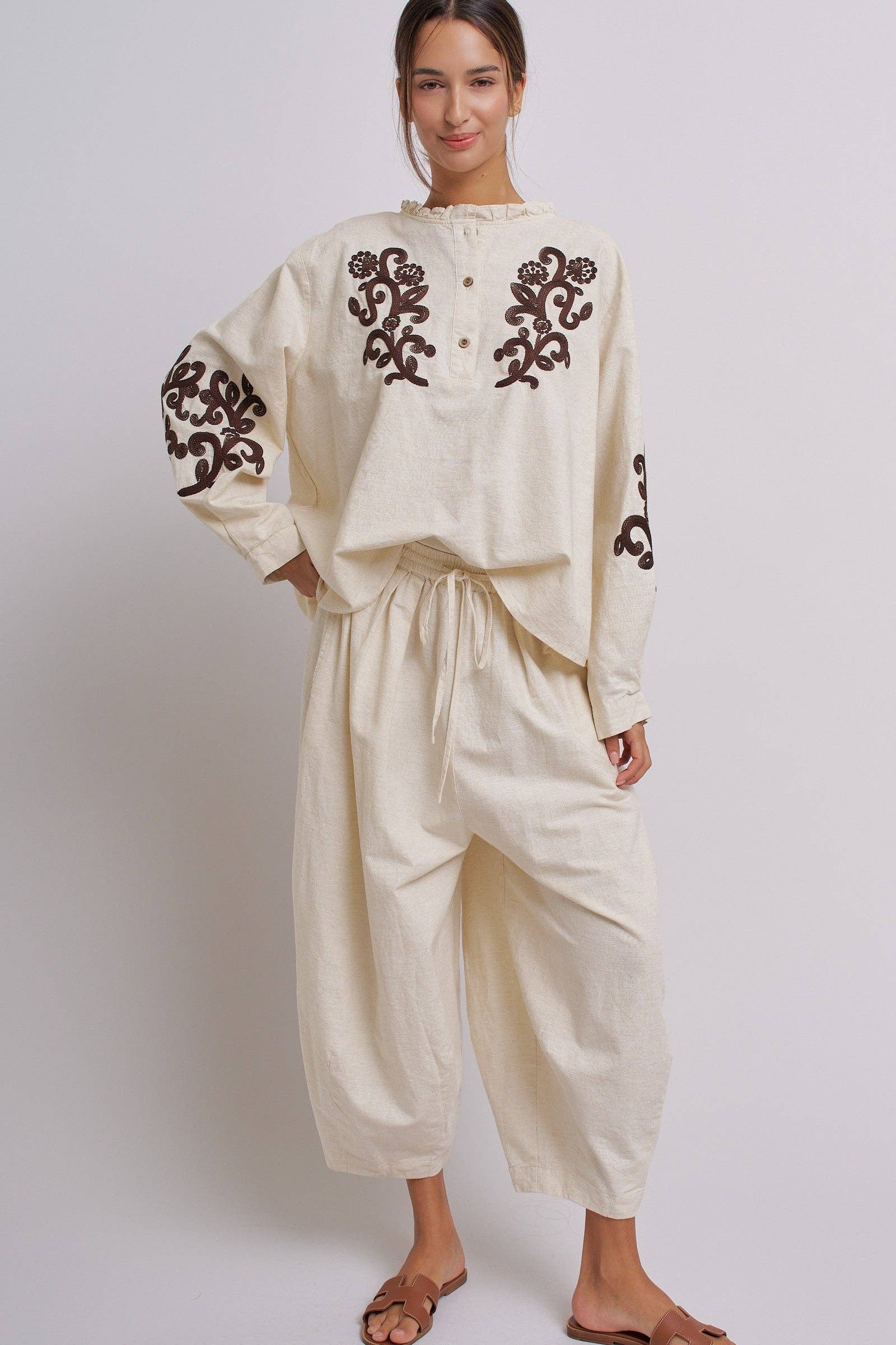Linen Drawstring Cocoon Pants with Elastic Waist