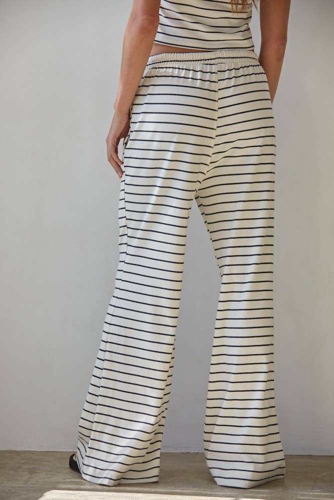 L8907B | Knit Striped Waist Elastic Band Tie Flare Pants