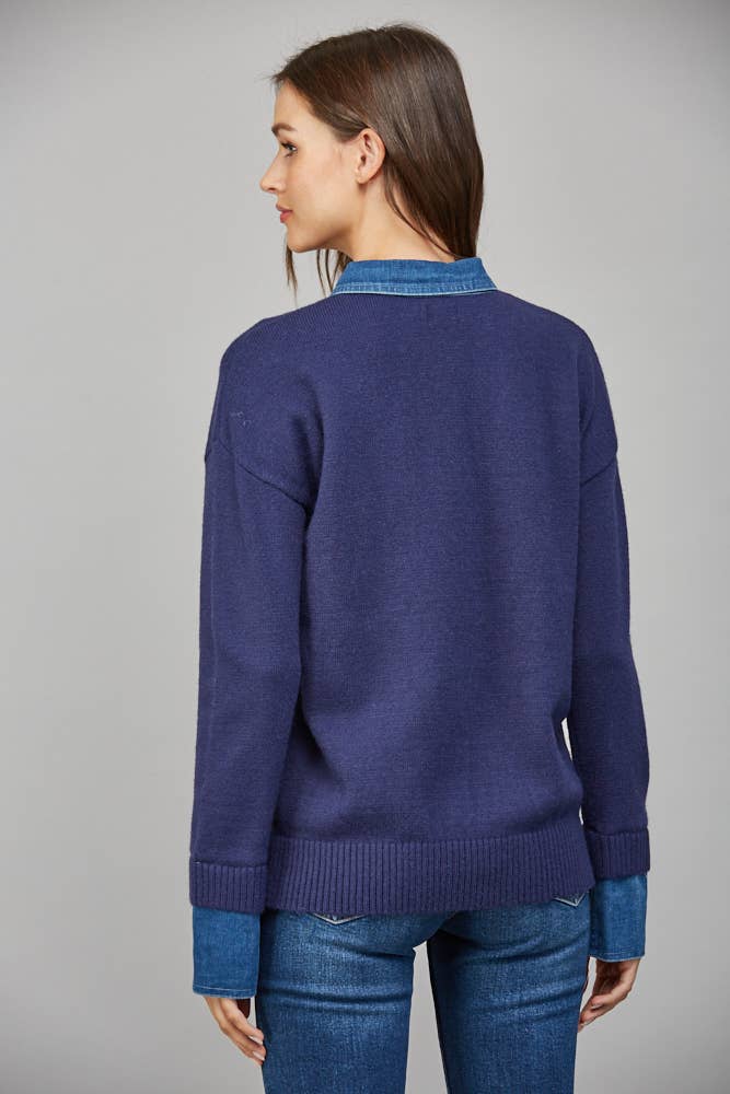 DENIM SHIRT COLLAR DETAIL SWEATER TOP