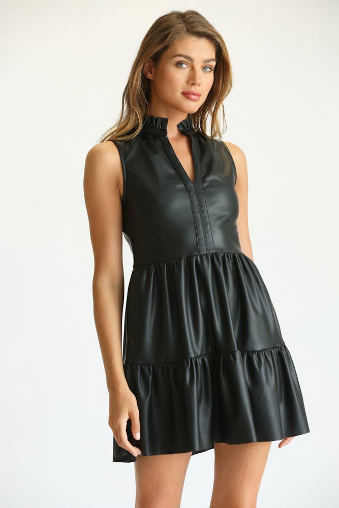 FAUX LEATHER SLEEVELESS RUFFLE DRESS