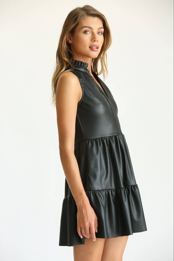 FAUX LEATHER SLEEVELESS RUFFLE DRESS