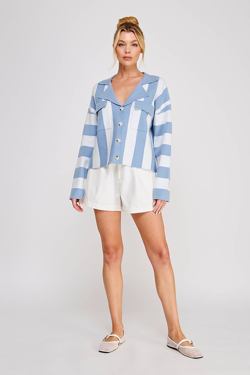 Striped Soft Relaxed Collared Cardi