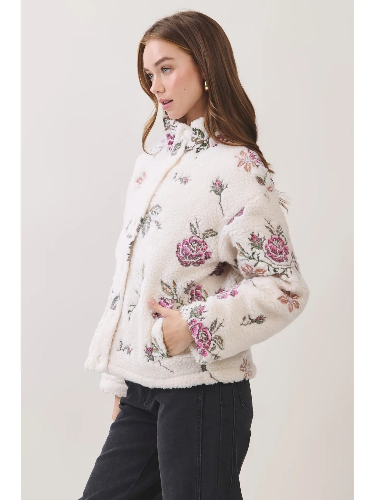 Floral Embroidered Sherpa Jacket
