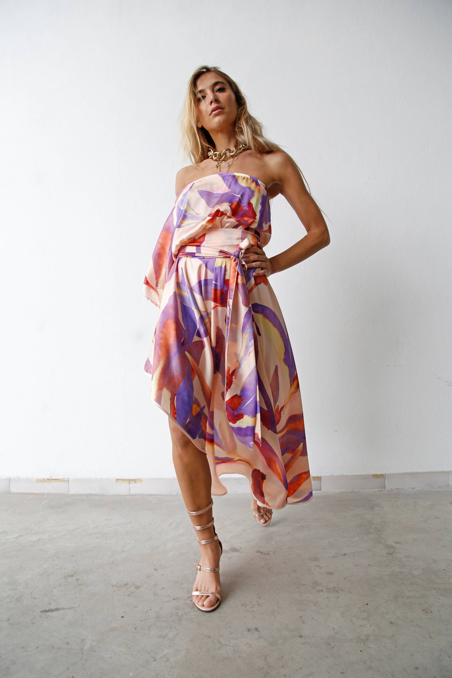 ASYMMETRIC ONE-SHOULDER DRESS WITH PURPLE LEAVES WITH BELT