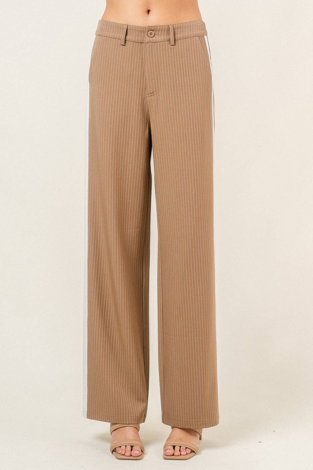 COLOR BLOCKED KHAKI & WHITE WIDE LEG PINSTRIPE PANTS