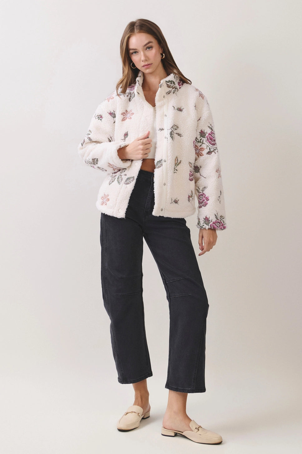 Floral Embroidered Sherpa Jacket