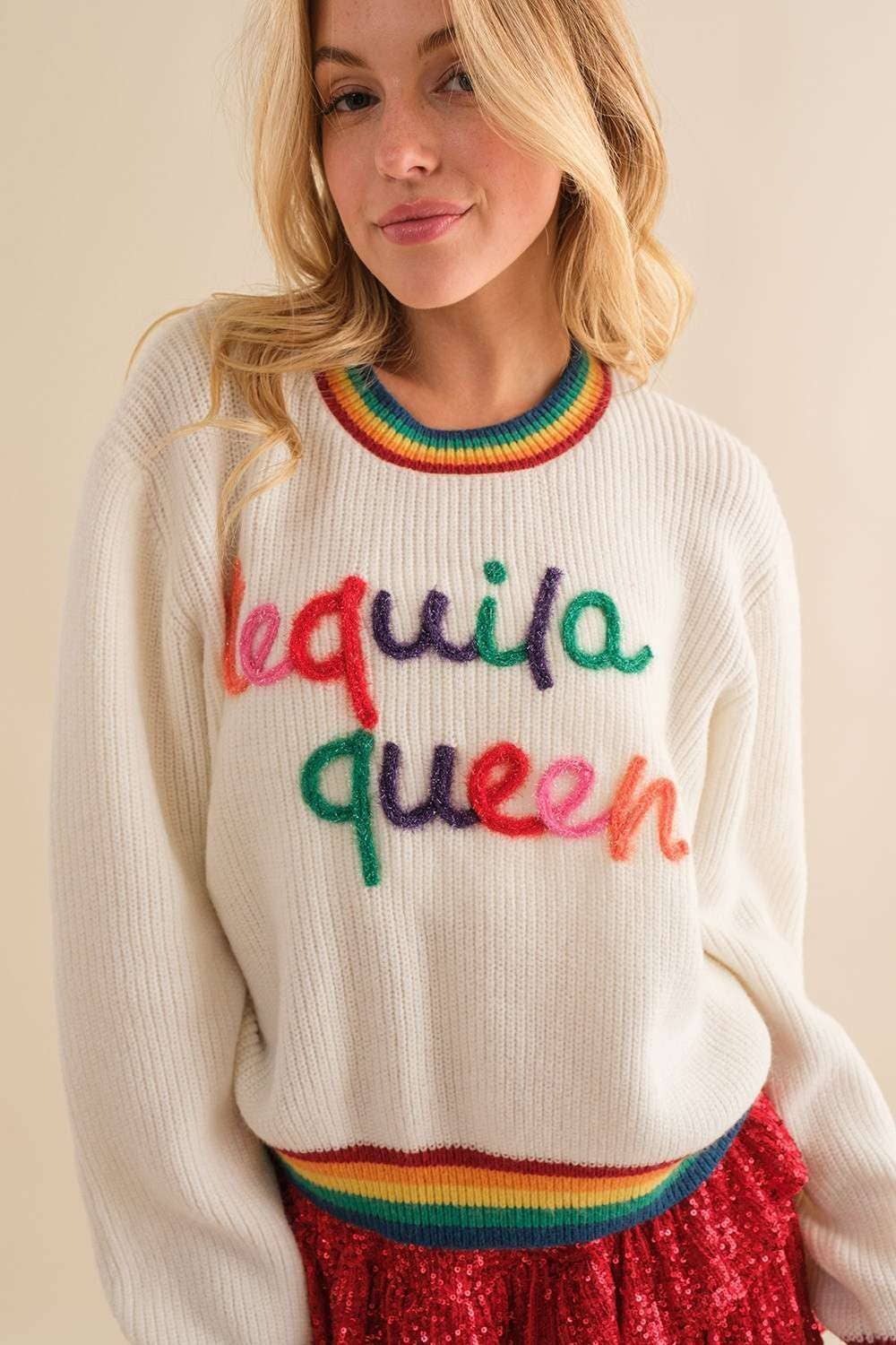 Tequila Queen Sparkle letter Rainbow rib Sweater