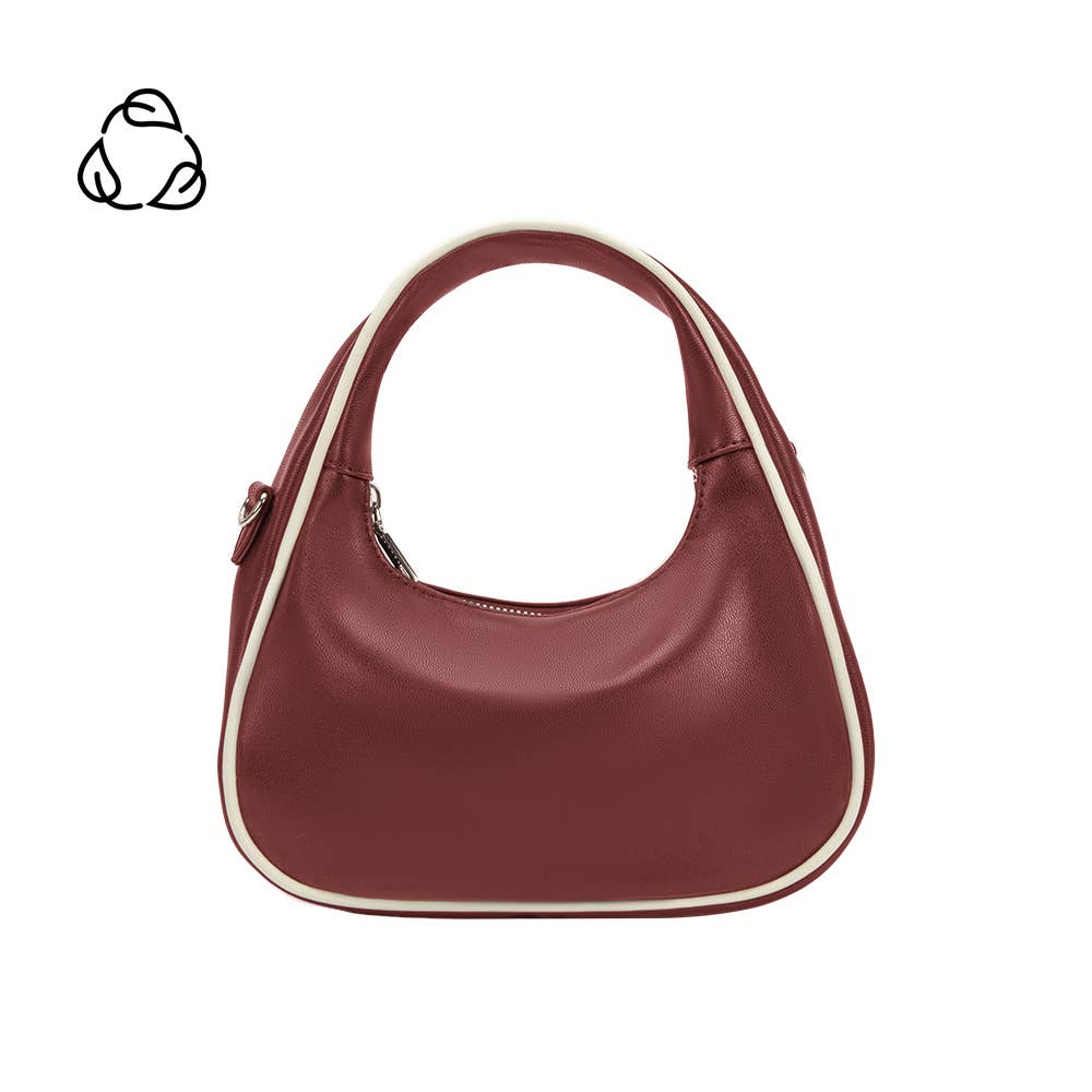 Brown handbag with white trim on a white background