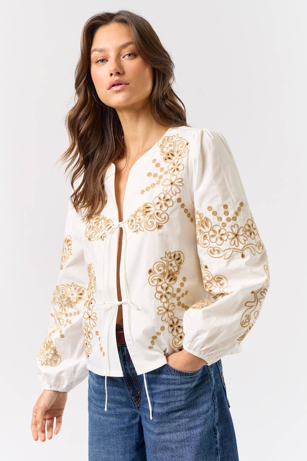 Floral Embroidered Front Tie Top