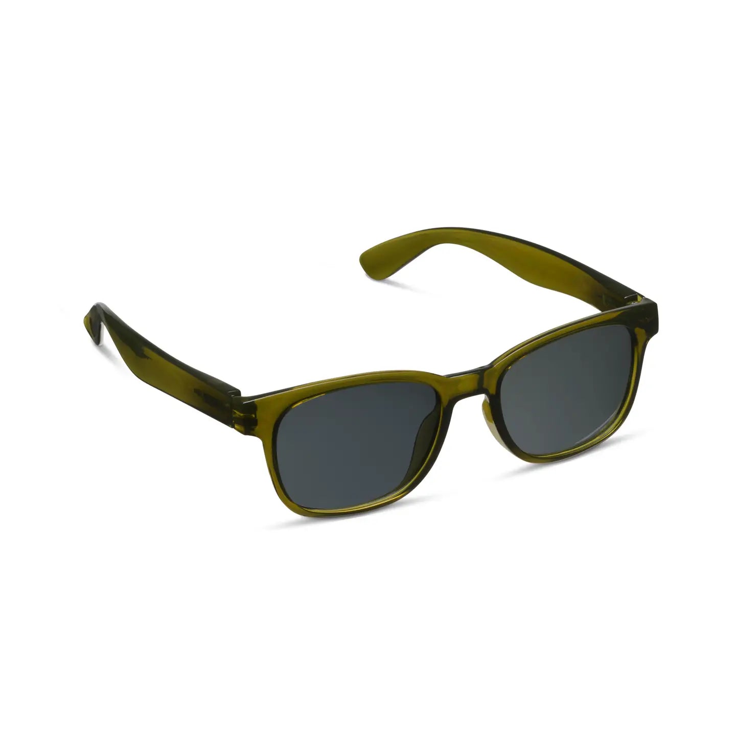 Green sunglasses with dark lenses on a white background