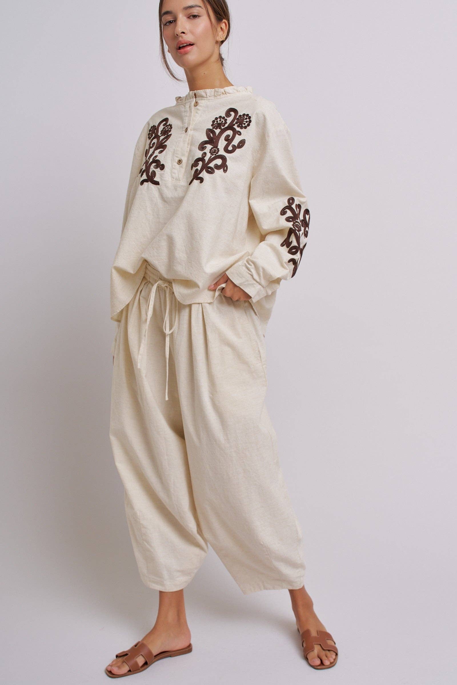 Linen Drawstring Cocoon Pants with Elastic Waist