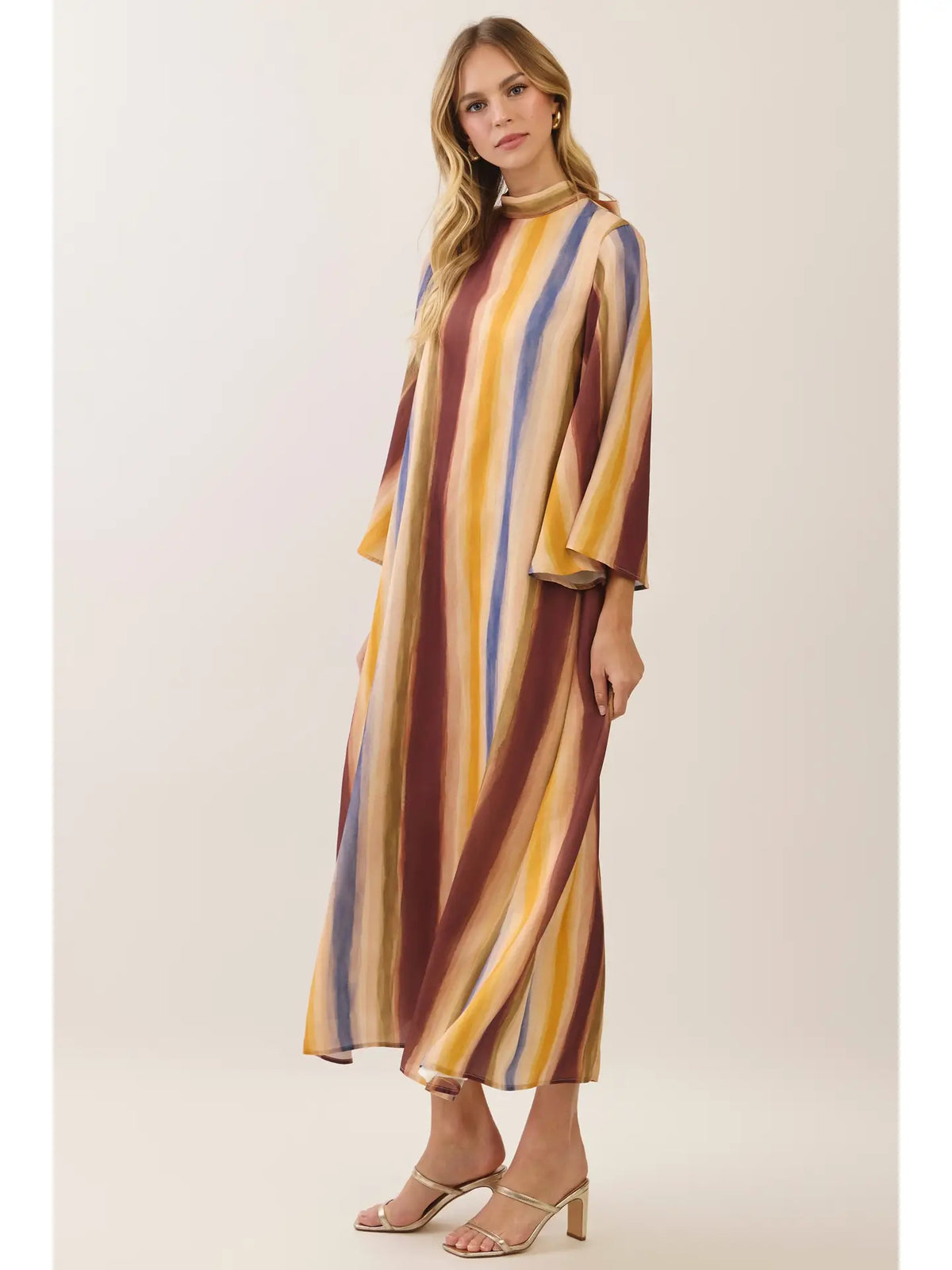 Women's Watercolor Striped Tie Neck Maxi Dress