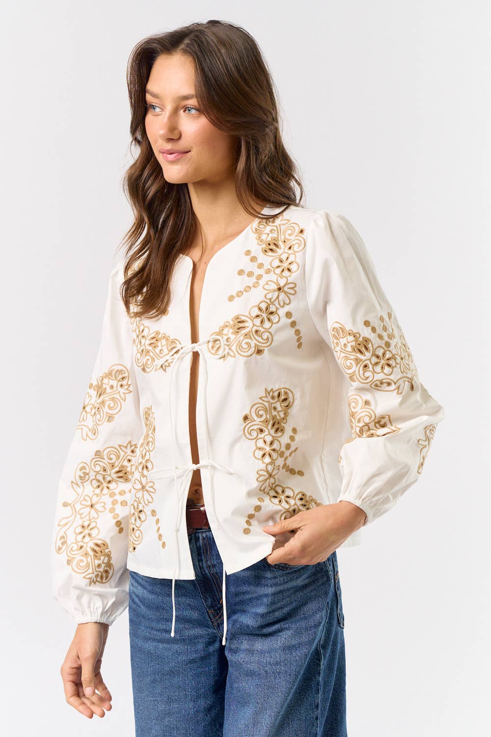 Floral Embroidered Front Tie Top