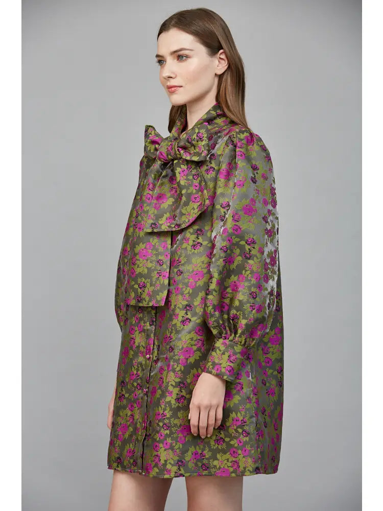 Floral Pattern Jacquard Fabric Bow Tie A-Line Dress