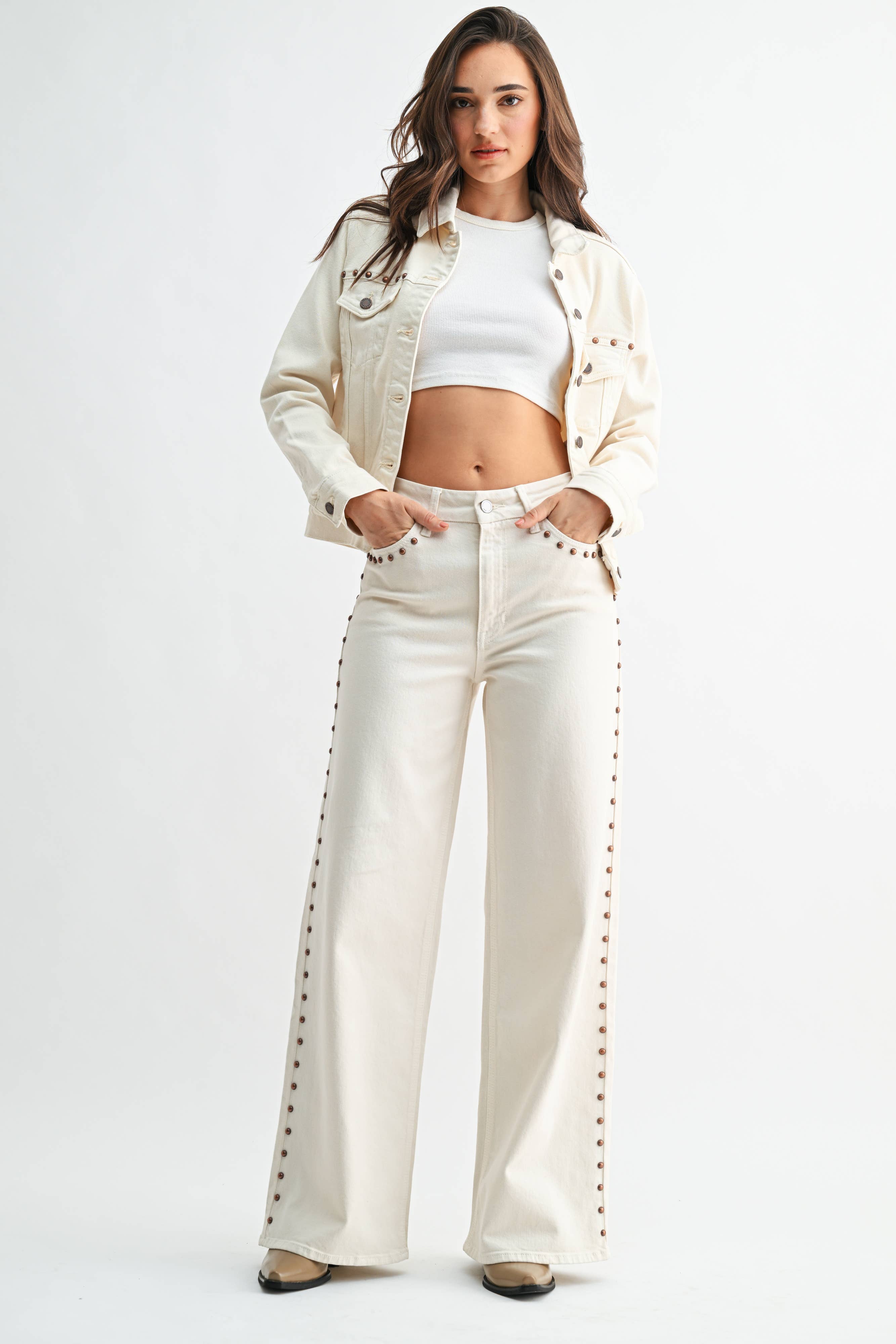 High Rise Cream Studded Wide Leg