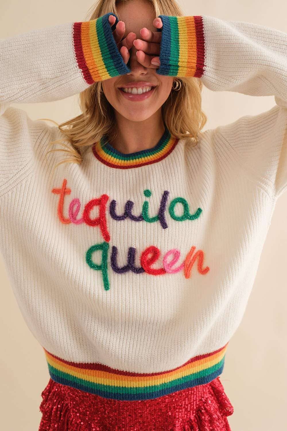 Tequila Queen Sparkle letter Rainbow rib Sweater