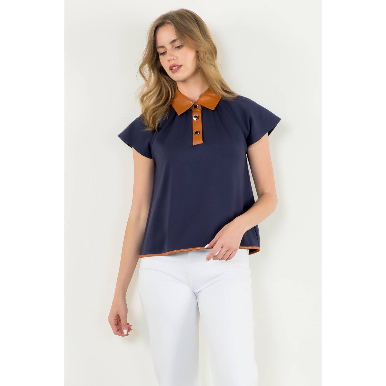 Contrast Collar Faux Leather Top