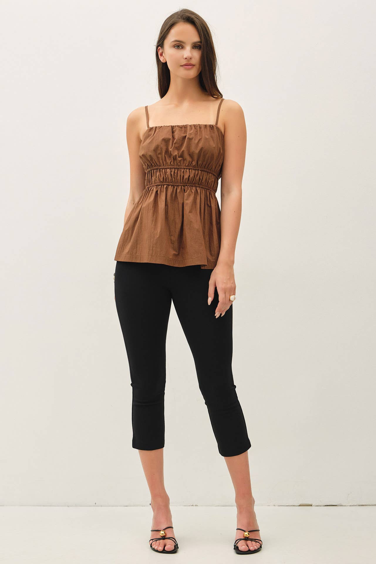 RUCHED CAMI TOP W SOMKED WAIST AND PEPLUM HEM