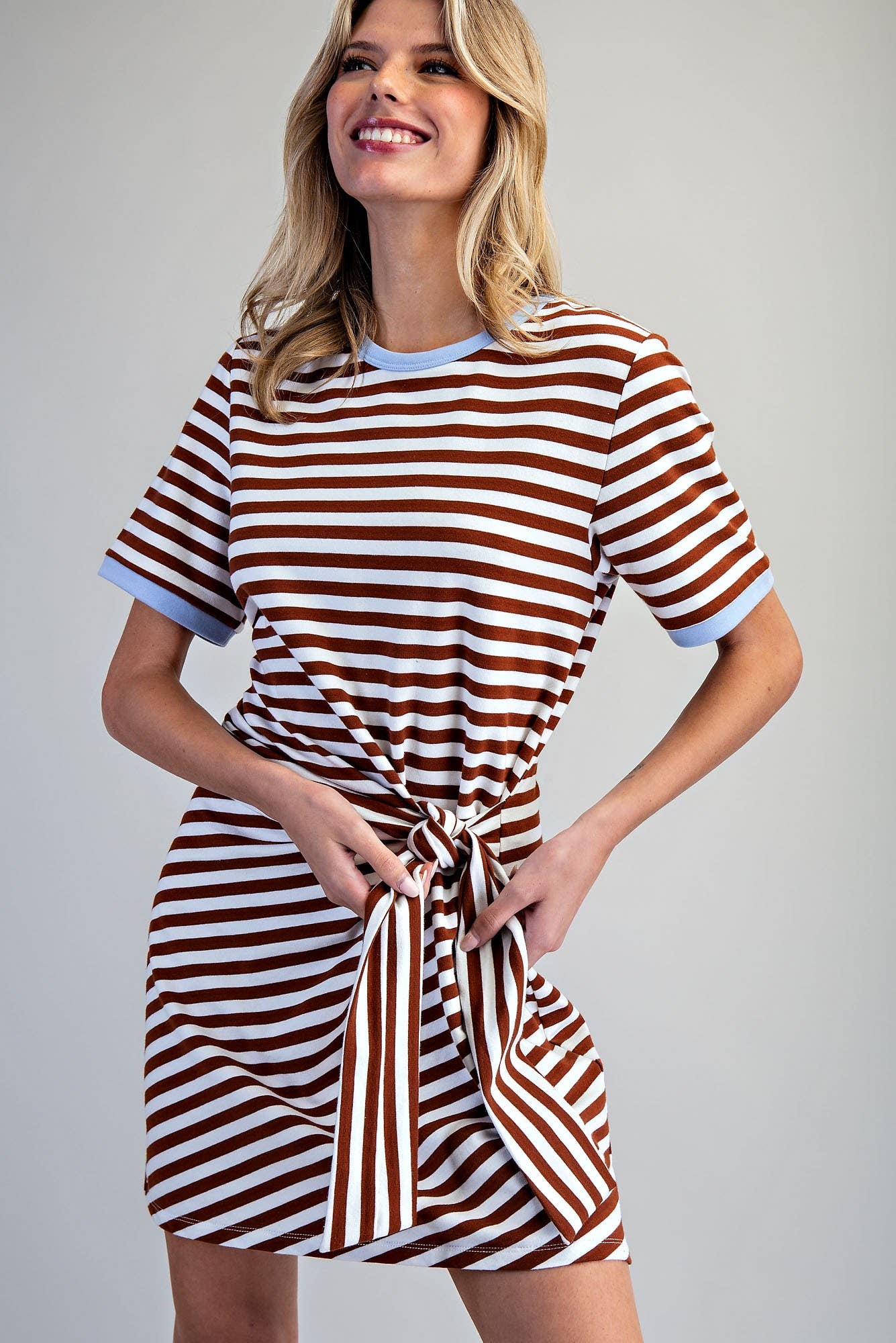 STRIPED WAIST TIE MINI DRESS