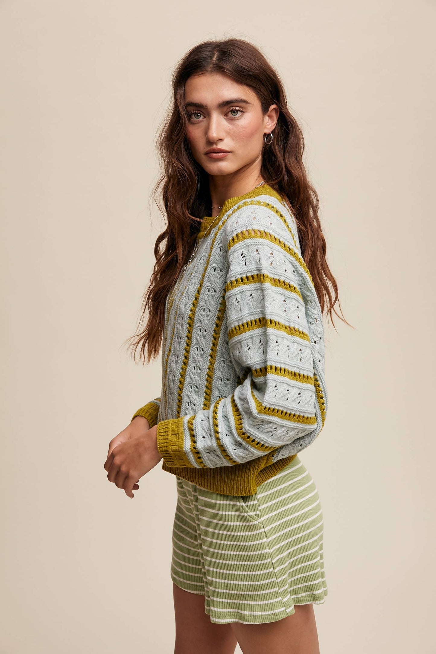 V- Striped Pointelle Light Weight Knit Sweater