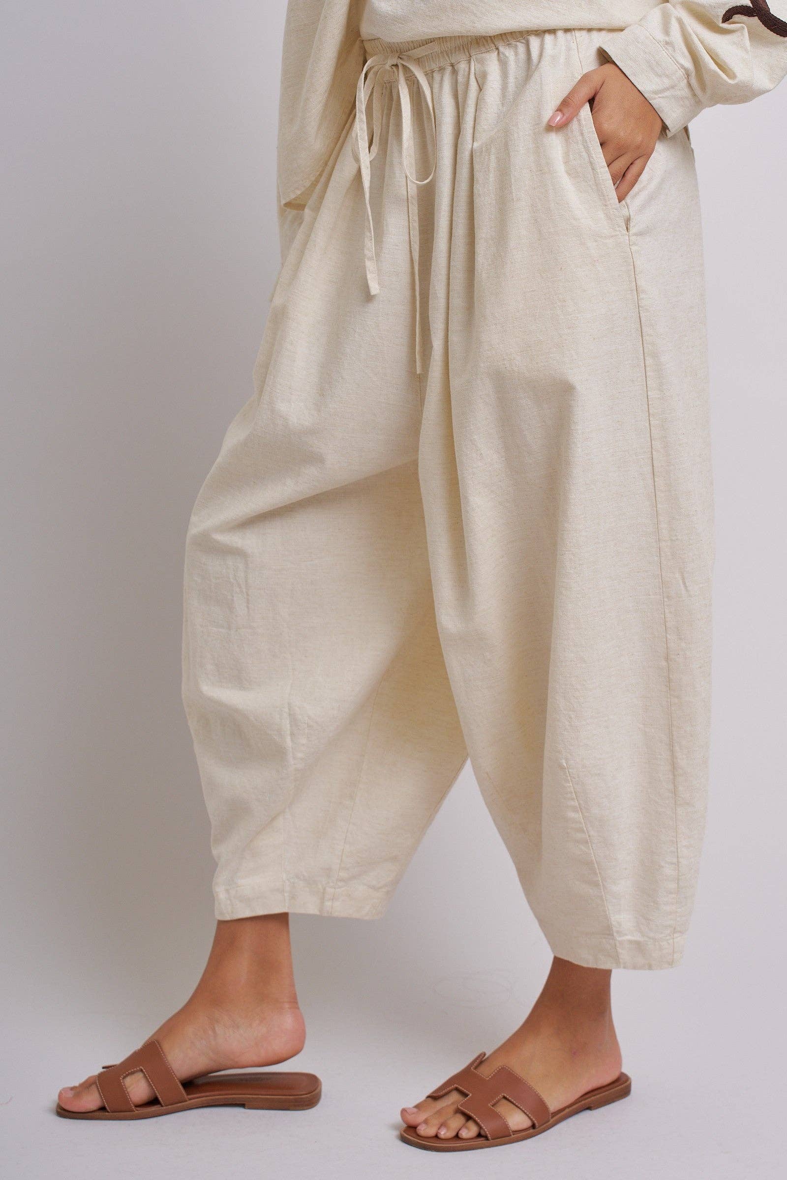 Linen Drawstring Cocoon Pants with Elastic Waist