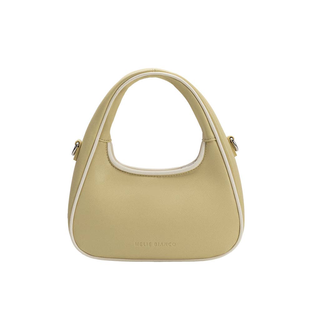 Beige handbag with white accents on a white background