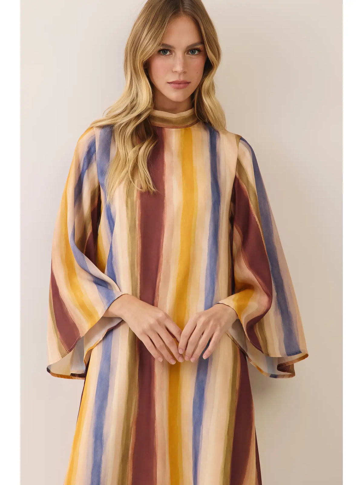 Women's Watercolor Striped Tie Neck Maxi Dress
