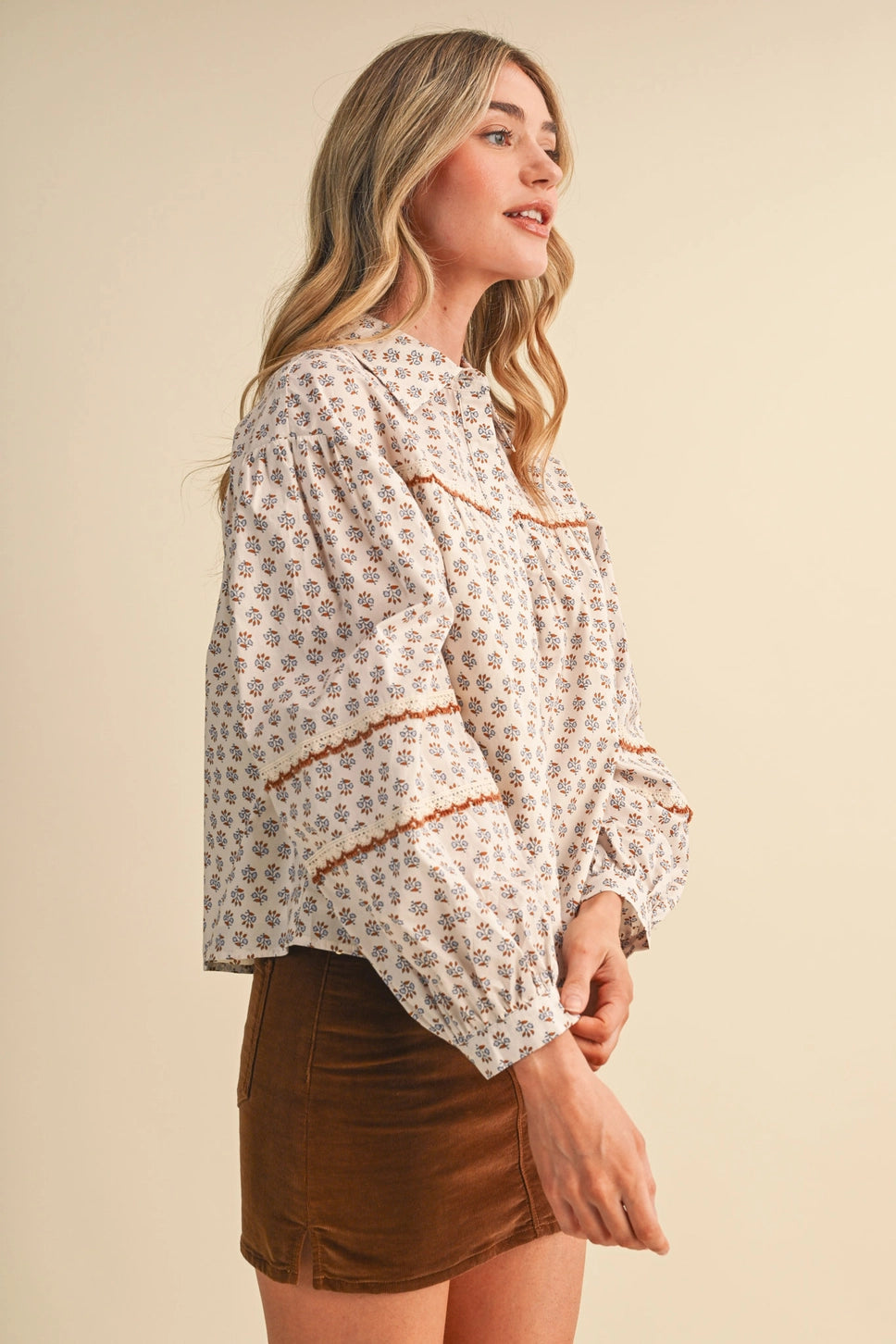 Floral Lace Trim Button Up Top