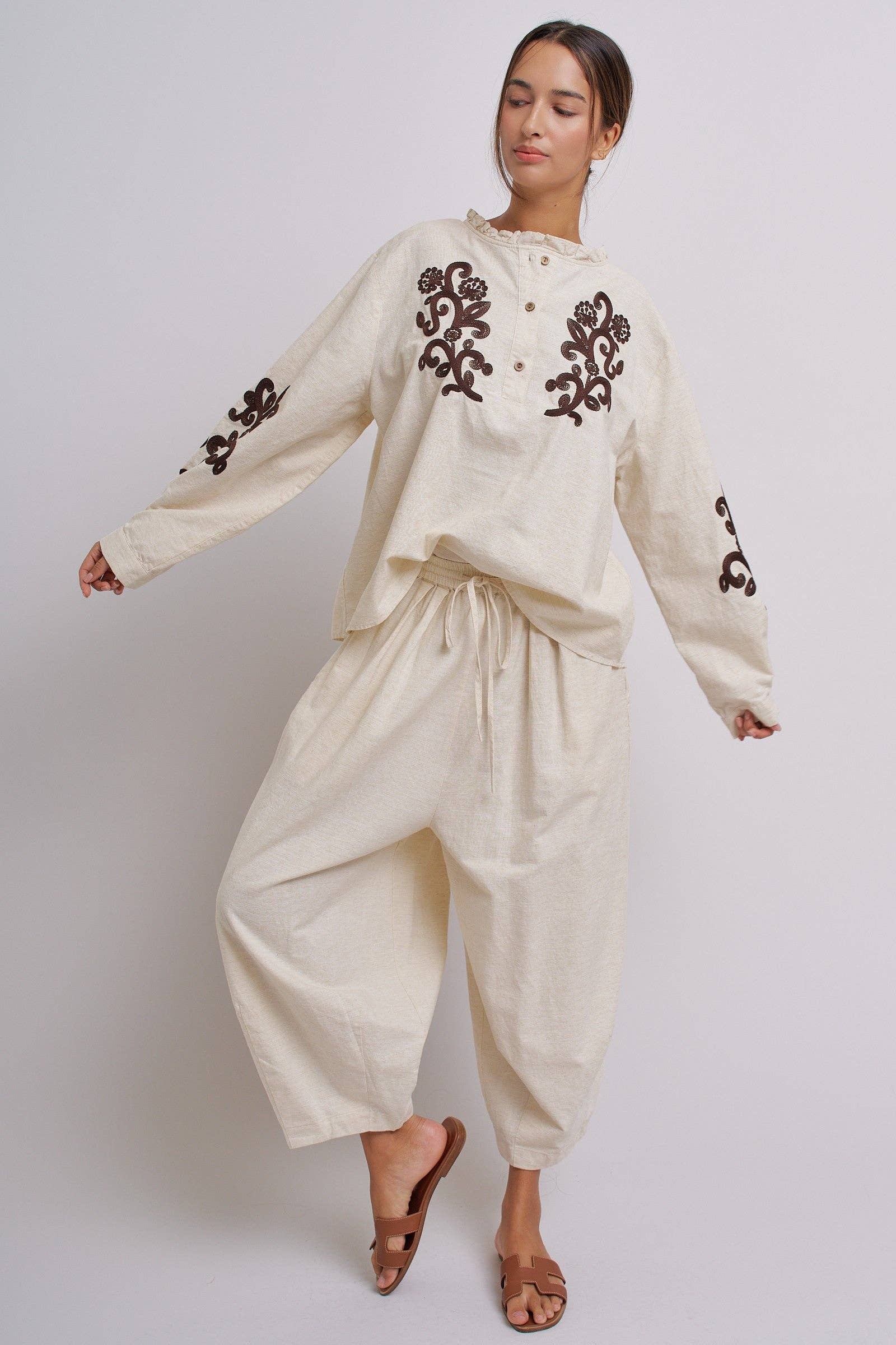 Linen Drawstring Cocoon Pants with Elastic Waist