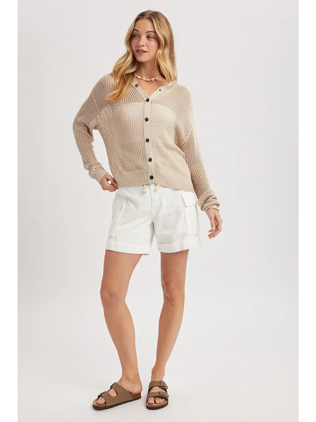 OPEN-KNIT BUTTON-UP HOODED SWEATER