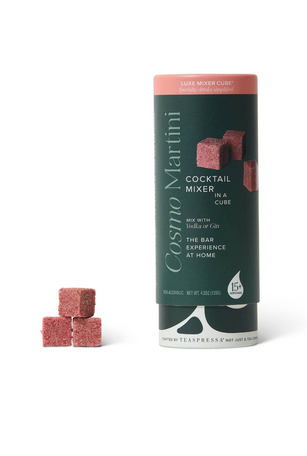 Cosmo Martini cocktail mixer can with red cubes on a white background