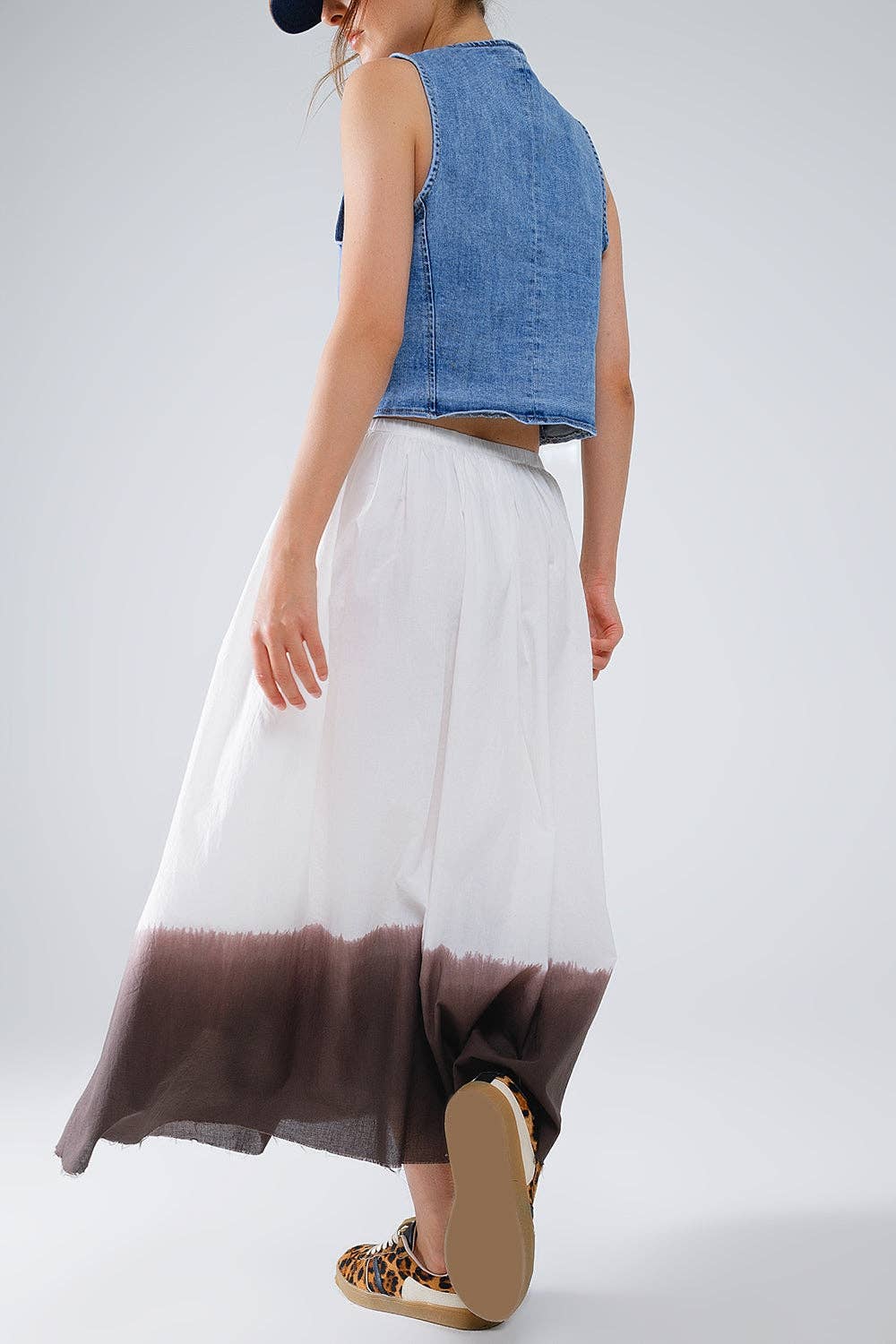 Flowy Drop Waist White Skirt With Brown Ombre