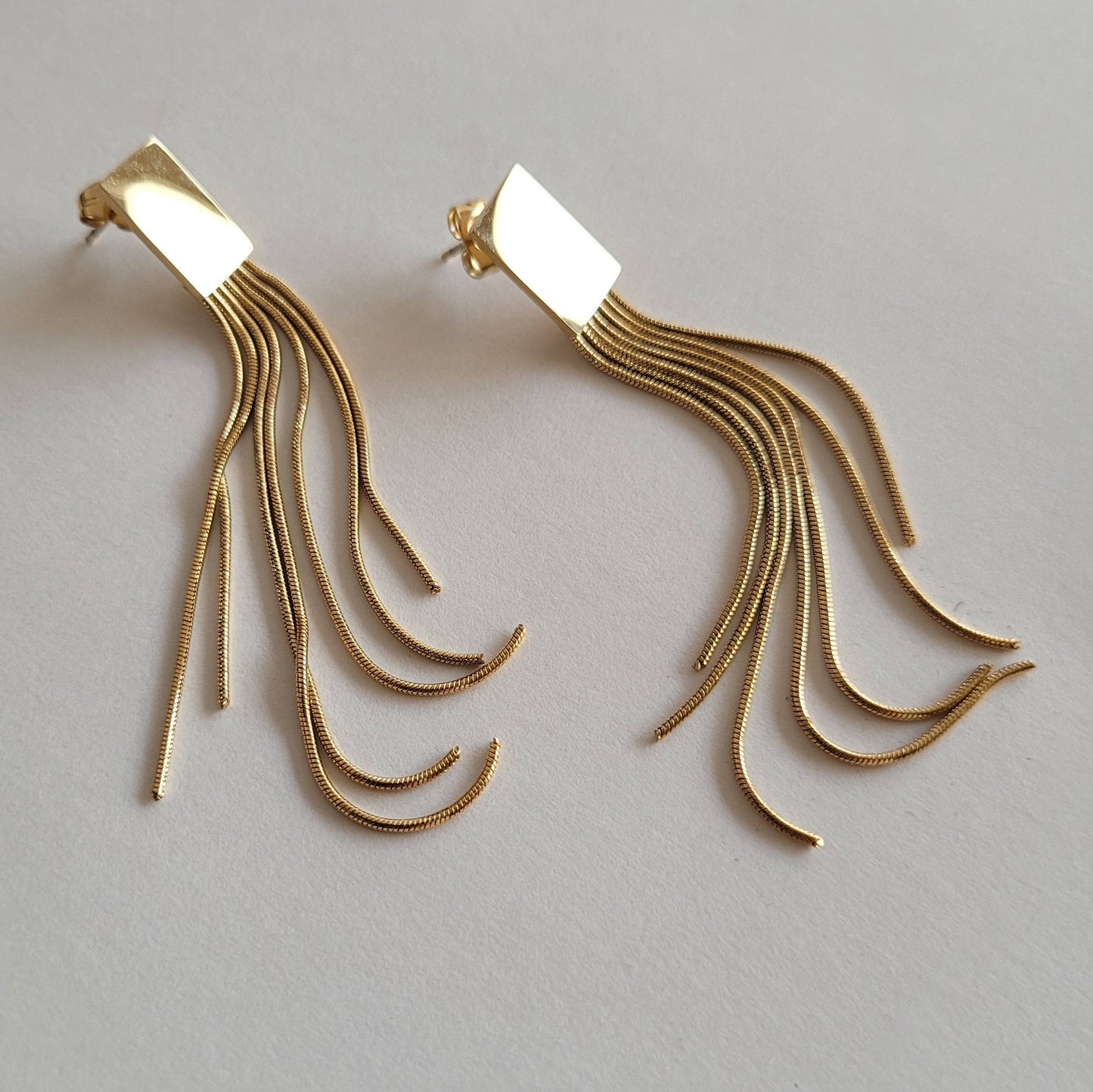 Square fringe chain earrings gold plated brass