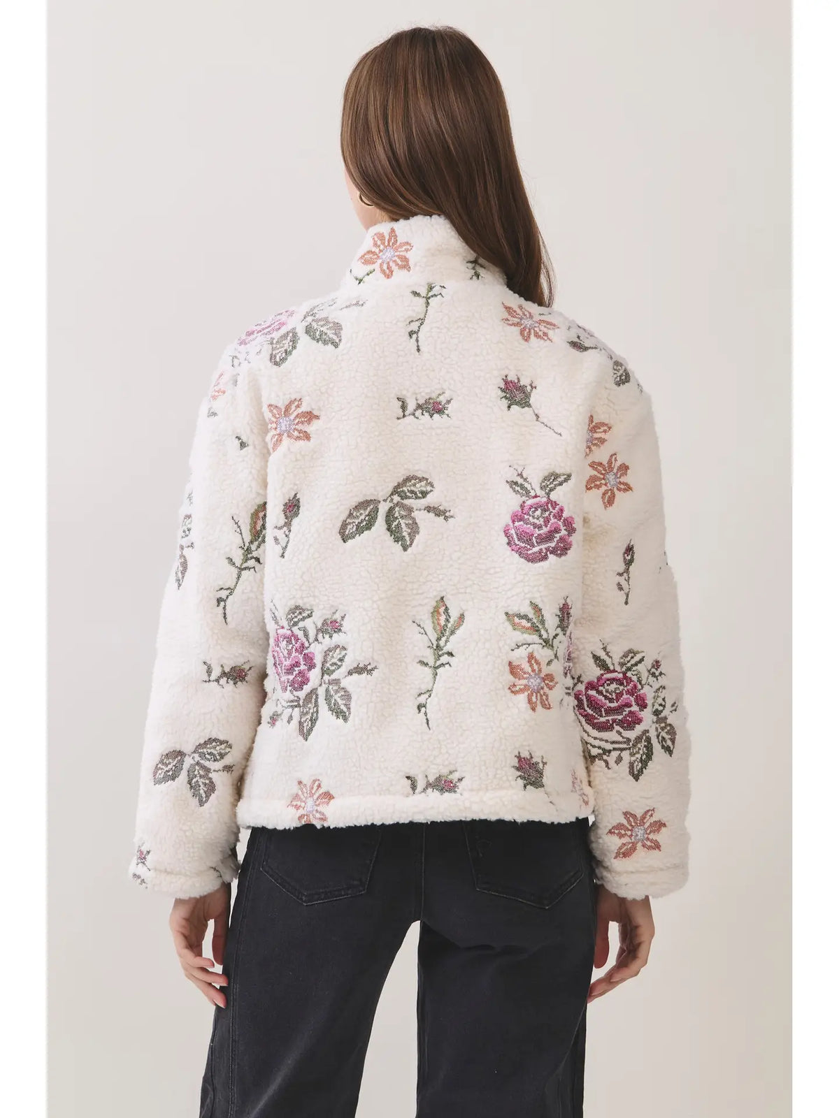 Floral Embroidered Sherpa Jacket